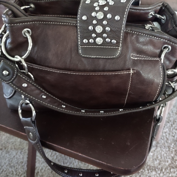 Brown Western style rhinestone concealed carry shoulder bag handbag. - Picture 5 of 10